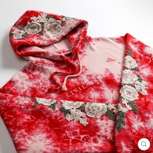 White & Red Marble Hoodie With Embroidered/Stitched roses on sleeves & hood.